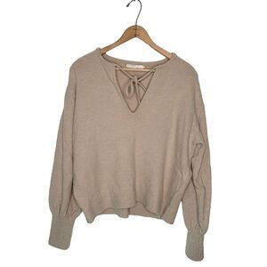One Grey Day | Taupe Tie V-neck Puff Sleeve Sweater Size Small